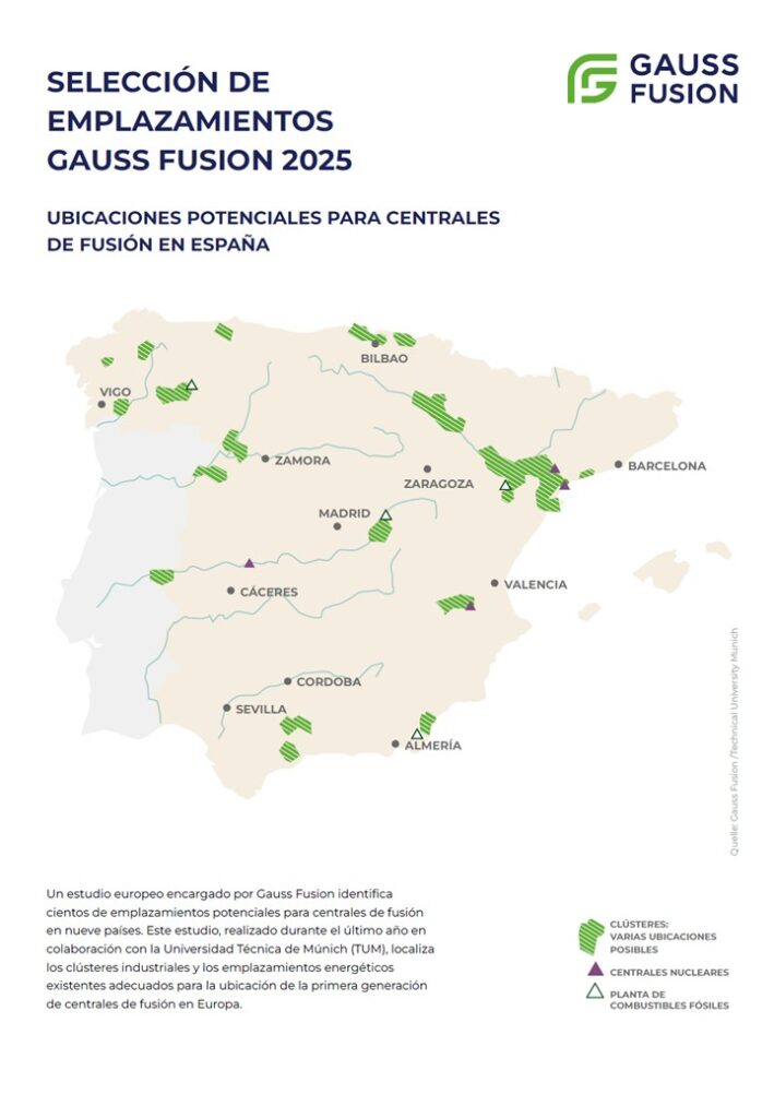 Mapa de España con la selección de emplazamientos para potenciales centrales de fusión nuclear.