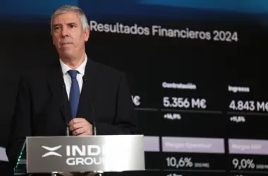 José Vicente de los Mozos, consejero delegado de Indra, en la última Junta General de Accionistas. Firma: Indra