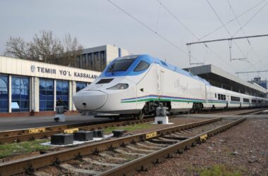 Modelo Afrosiyob (un Talgo 250), operado por la compañía estatal de Uzbekistán (UTY). Firma: Talgo